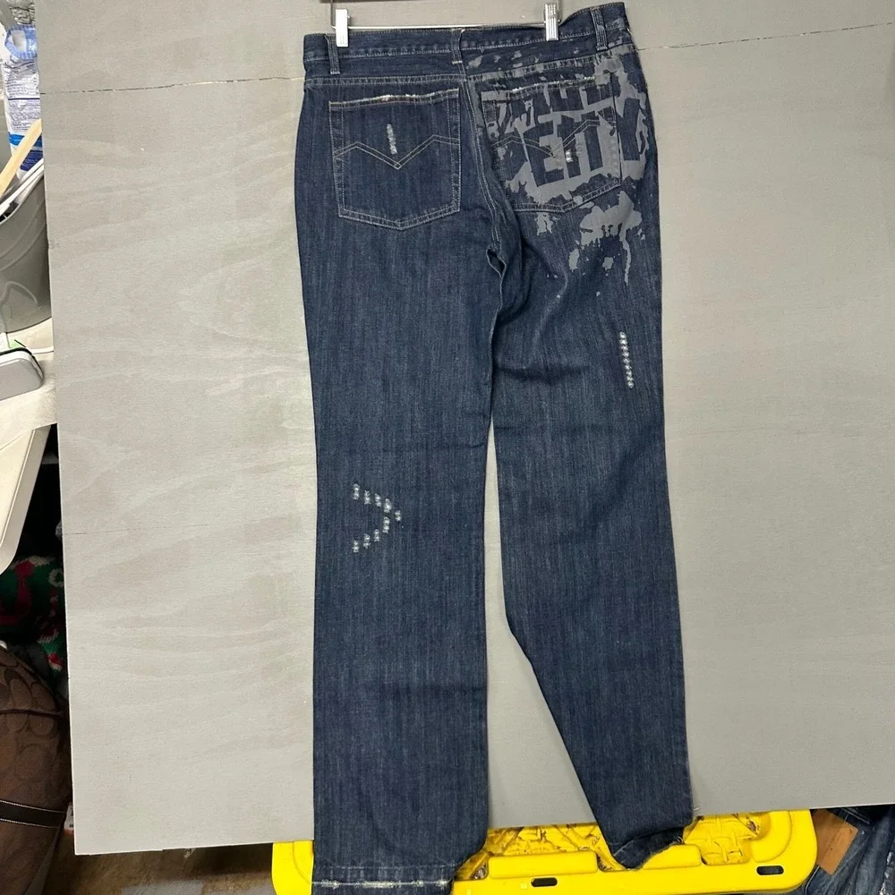 ENERGIE Men's Blue Denim Jeans Graphic Print Distressed Size 36‎